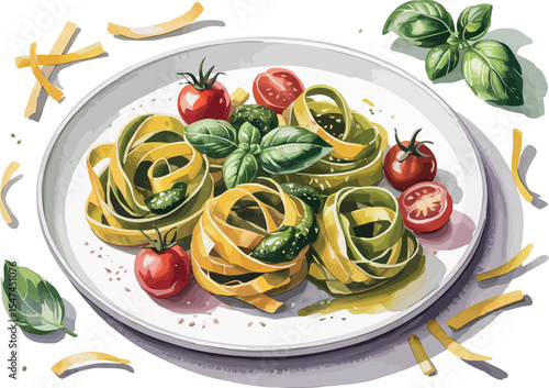 A watercolor illustration of a plate of fresh tagliatelle pasta with basil pesto, grated parmesan, and cherry tomatoes, alongside scattered basil