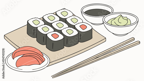 Minimalist vector art of nine maki sushi rolls, accompanied by soy sauce, wasabi, pickled ginger, and chopsticks, on a wooden board, a classic Japanese meal.