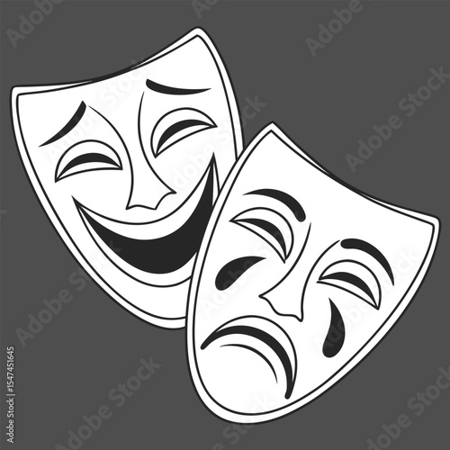 Comedy and tragedy masks representing the theater on a gray background in vector