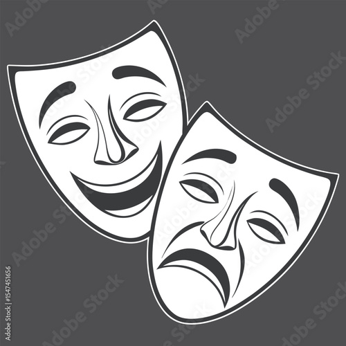 Comedy and Tragedy Masks in Black and White on a Dark Gray Background