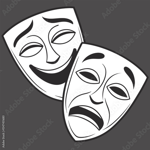Comedy and Tragedy Masks Depicting Opposing Emotions on a Dark Gray Background
