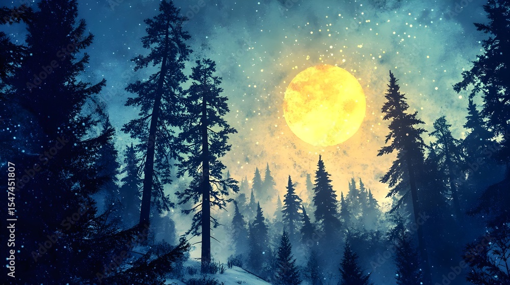 Fototapeta premium Enchanting Winter Forest Night with Full Moon, trees, pine trees, snow, snowflakes, cold