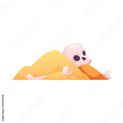 Vector illustration of human bones and skull in yellow sand, archaeological excavation.