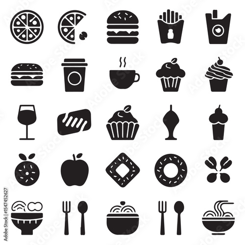A collection of various food and drink items in black silhouette
