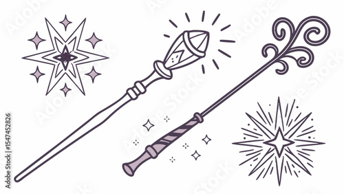Ornate magic wands and staffs vector illustration with sparkling stars and a glowing gem. Enchanting outline art for wizard, witch, and fairy tale designs.