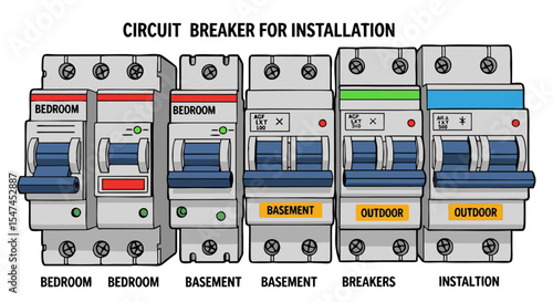 Illustrated Circuit Breakers Labeled for Different Rooms and Electrical Installations.