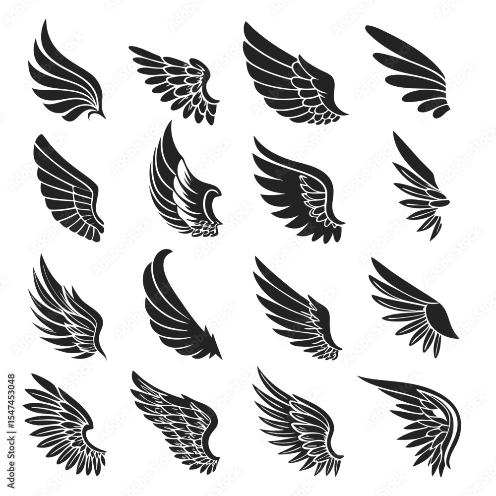 Fototapeta premium Collection of sixteen different black wing illustrations on a white background
