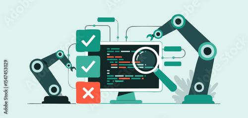 robotic arms performing automated software testing on computer screen, vector illustration for automated testing, pass fail quality assurance visualization 
