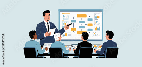 consultant presenting workflow diagram to business team, vector illustration for b2b consulting services, strategic advisory meeting and corporate training
