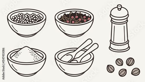 Line art illustration of various spices including white and black peppercorns, ground pepper, nutmeg, a pepper mill, and spoons in bowls, for cooking.