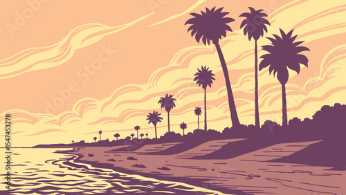 Stylized vector illustration of a serene tropical beach at sunset with silhouetted palm trees along the golden coastline and calm ocean waves.