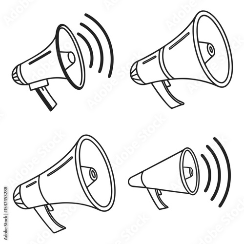 Four Black and White Megaphone Illustrations with Sound Waves on a White Background