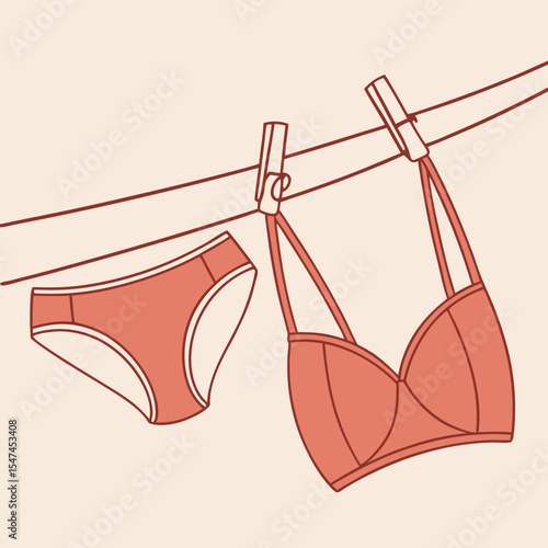 Illustration of Lingerie Hanging on a Clothesline with Clothespins in a Minimalist Style