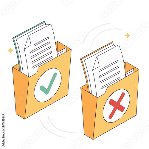 Approved and Rejected Documents in Folders with Checkmark and Cross Symbols