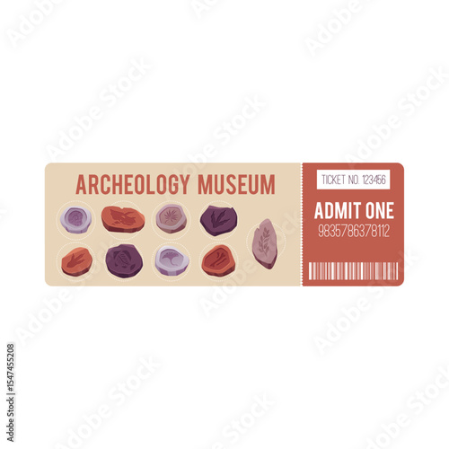 Museum ticket with fossils of plants, fish, bones and dinosaur footprints with barcode and number.