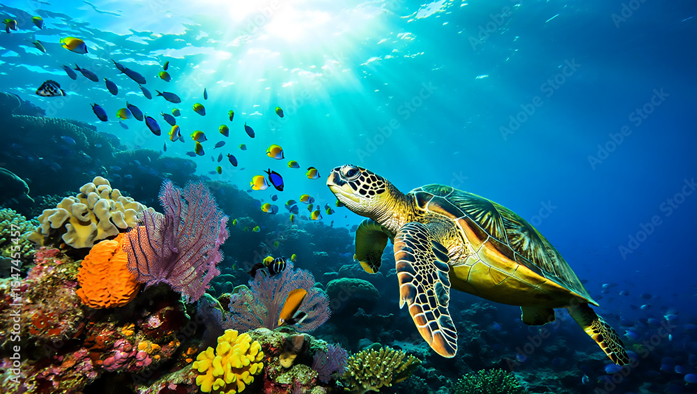 Fototapeta premium Tropical Coral Reef Ecosystem with Turtle – Ocean Wildlife Photography