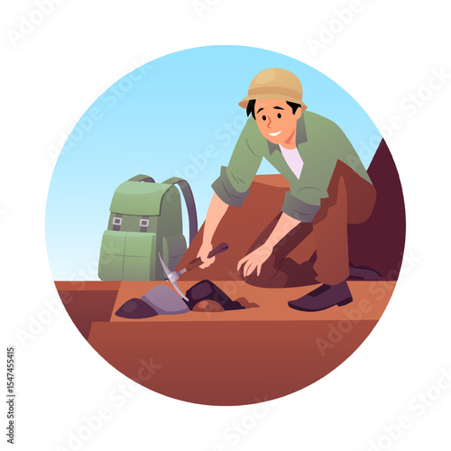 Round frame with archaeologist man digging with pickaxe into ground on rocks and sky background.