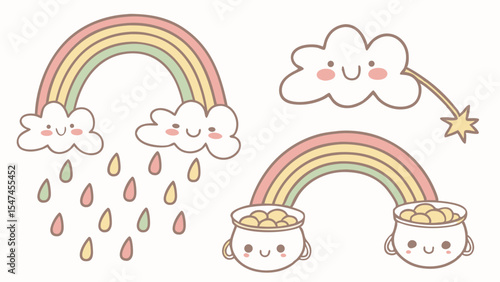 Charming pastel kawaii rainbow and cloud illustration set featuring smiling raindrops, lucky pots of gold, and a magic star for St Patricks Day.