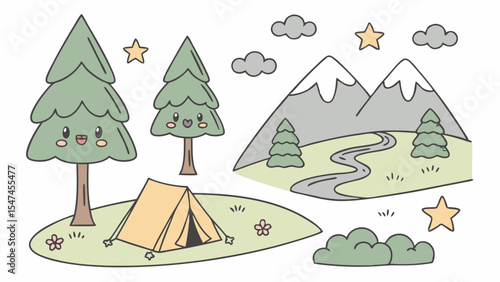 Kawaii camping illustration with cute anthropomorphic pine trees, a tent, mountains, and clouds. Hand-drawn cartoon nature elements for outdoor adventure.