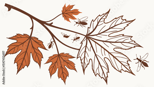 Detailed autumn maple leaves on a branch with small flying insects, a stylized nature illustration in brown and orange tones, perfect for fall designs and themes.