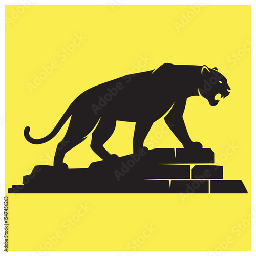 A fierce black panther silhouette stands on a stone structure against a bright yellow background