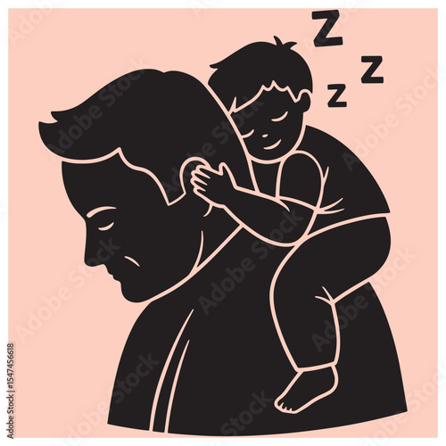 A father carries his sleeping child affectionately on his shoulders concept of parenthood