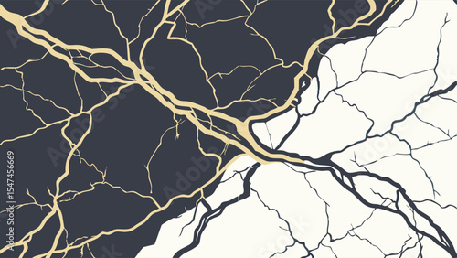 Elegant Kintsugi inspired abstract pattern with contrasting dark and light halves, featuring intricate gold and black crack lines for a modern sophisticated design.