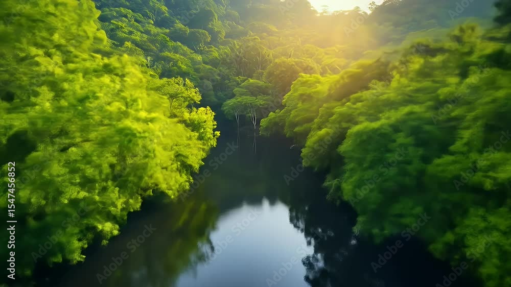 Lush green jungle riverbanks at sunrise Lush green jungle riverbanks at sunrise