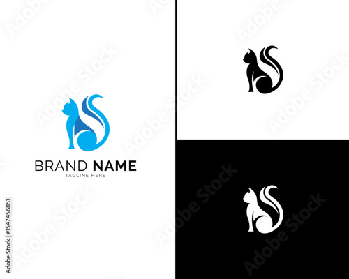 Minimalist Cat Logo Set in Elegant Color Combinations. Three Stylish Variants in Blue, Black, and Mixed Tones for Modern Brand Identity, Pet Product Lines, and Designer Logo Needs.

