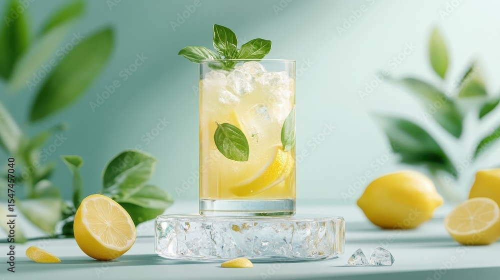 Fototapeta premium Freshly squeezed lemonade on a crystal podium adorned with gemstone accents.