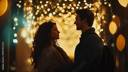 A young Caucasian man and a young Hispanic woman share a romantic moment under warm, glowing lights. The background is softly illuminated with bokeh effects.