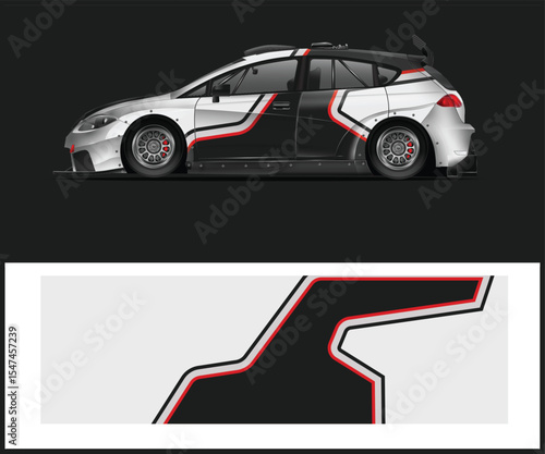 Racing Car Wrap Design with Black and Red Graphics