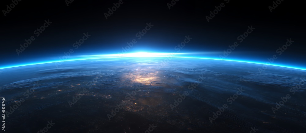 Fototapeta premium Blue glowing light on black cosmic background with Earth horizon visible, ideal for sci-fi book covers, astronomy app interfaces, and technology website banners. 