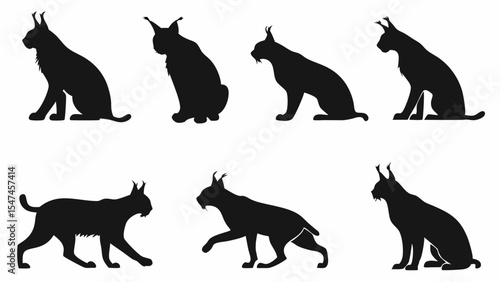 Collection of eight black lynx wild cat silhouettes in diverse poses like sitting, standing, and walking, a detailed vector set for nature and animal themes.