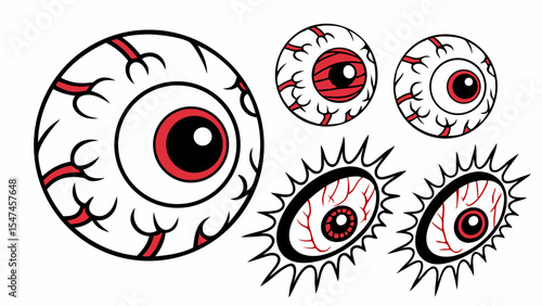 Collection of cartoon bloodshot eyeballs with red irises and prominent veins in various styles vector illustration for Halloween horror and spooky themes