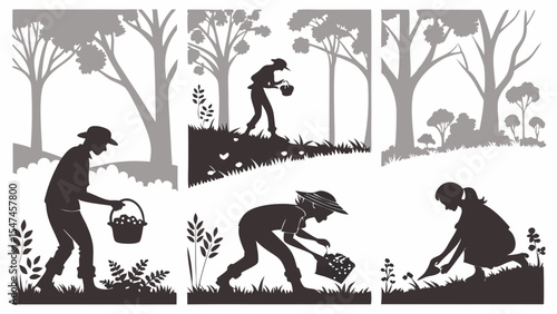 Monochromatic graphic illustration of diverse people foraging for wild berries and plants in a forest, showcasing sustainable outdoor harvesting activities.