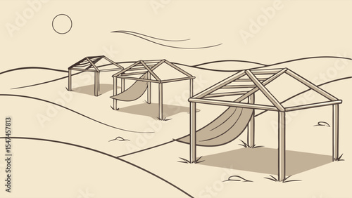 Monochrome line art drawing of three basic desert shelters with hammocks, a minimalist sepia sketch depicting temporary outdoor structures under a sunny sky.