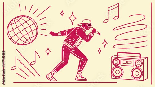 Red line art illustration of a hip hop rapper performing with a microphone, disco ball, retro boombox, and music notes on a cream background.