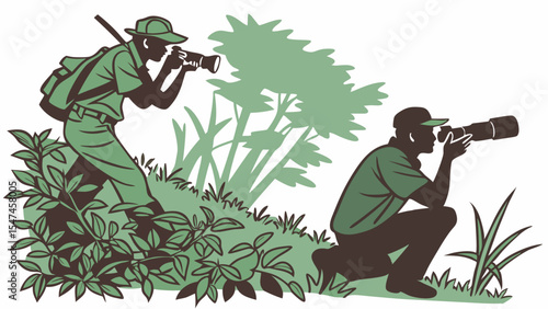 Two men in green camouflage clothing with long lens cameras observing wildlife in a lush natural environment. Illustrated outdoor scene of nature photography.