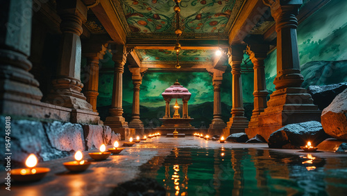 Enchanting interior of a traditional indian temple lit with oil lamps and soft reflections