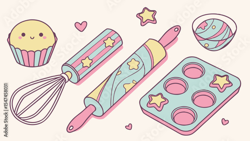 Whimsical Pastel Kawaii Baking Tools Set Cute Cupcake Whisk Rolling Pin Muffin Pan Bowl Stars Hearts Sweet Dessert Kitchen Utensils Graphic