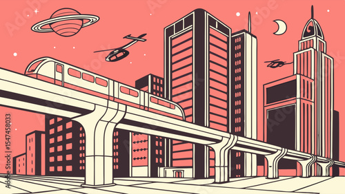 Retro-futuristic city illustration with an elevated monorail, sleek skyscrapers, flying helicopters, and a distant Saturn in a vibrant pink sky.