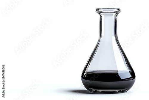 Clear glass laboratory flask containing dark liquid on white background, casting soft shadow. Isolated scientific glassware for chemistry and research.