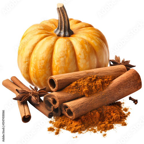 Ground cinnamon with pumpkin puree dollop, seasonal spice pairing, isolated transparent PNG