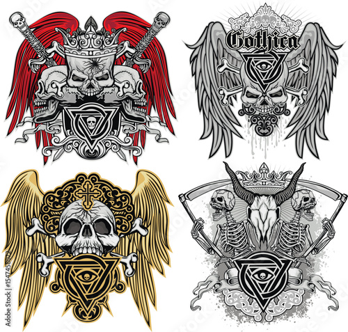 set, gothic sign with skull, grunge vintage design t shirts