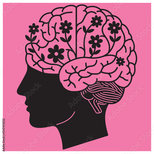Creative mind concept human head silhouette with blooming brain flowers on pink background