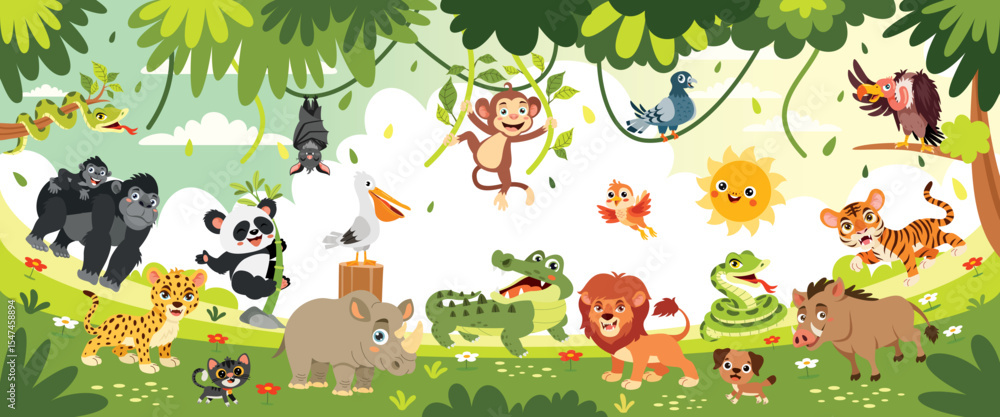 Fototapeta premium Cartoon Animals Posing At Forest