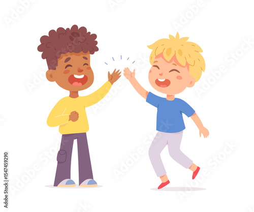 Happy kids giving a high five. Smiling boys celebrating together. Friendship and teamwork concept. Cute flat vector illustration isolated on white background.