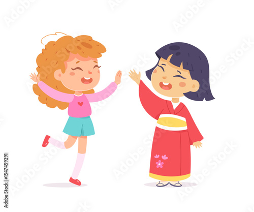 Happy kids giving a high five. Smiling girls celebrating together. Friendship and teamwork concept. Cute flat vector illustration isolated on white background.