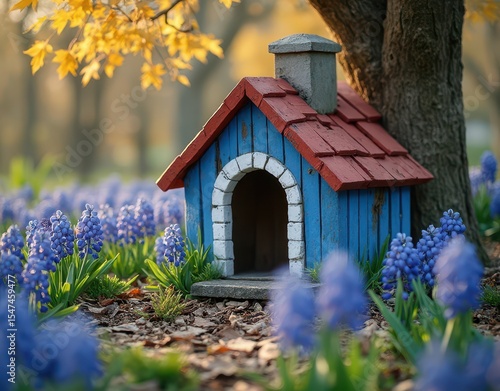 Painted dog house in blue and white next to a maple tree, surrounded by hyacinths Generative AI